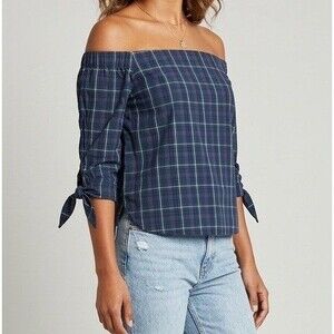Bailey 44 Twin Fin Top Womens XS Tartan Plaid Off Shoulder Old Money Equestrian